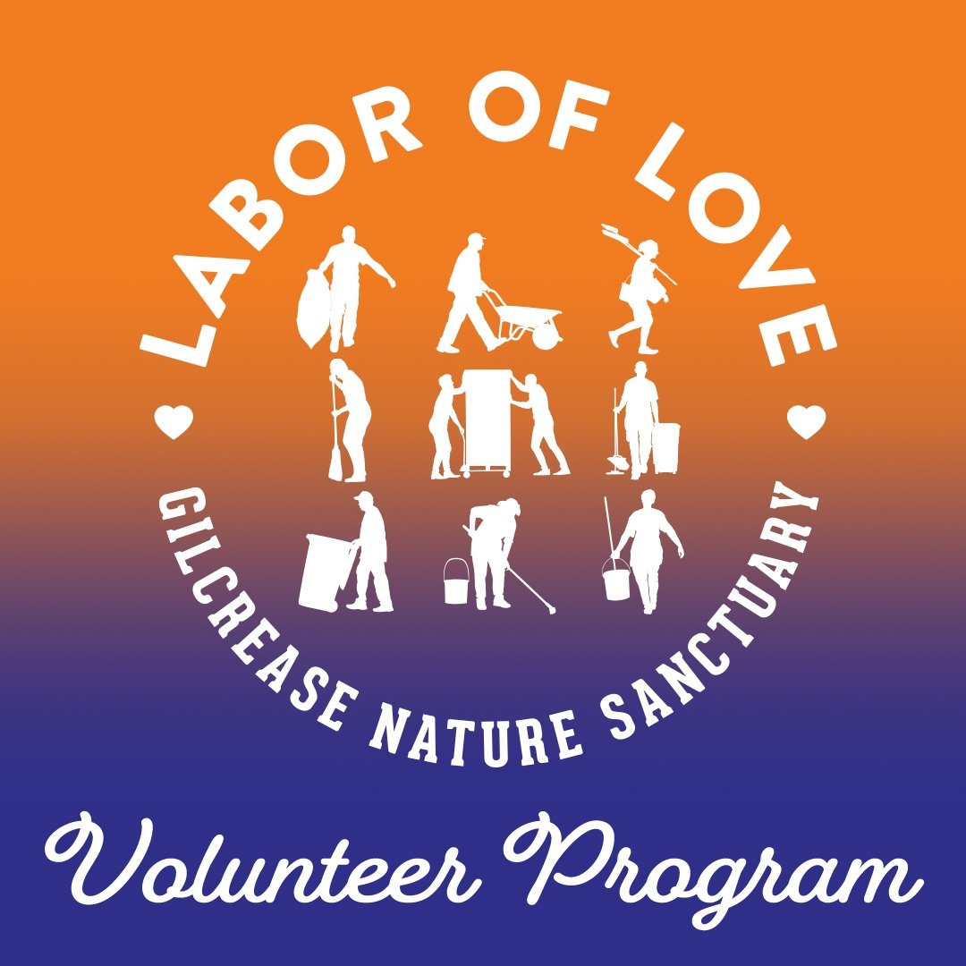 Graphic featuring silhouettes of volunteers engaged in various activities for Gilcrease Nature Sanctuary.